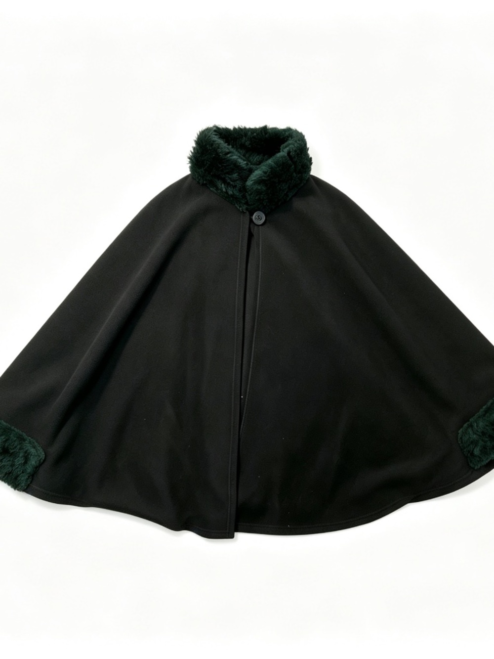 Parkhurst Black Fleece Cape Poncho with Dark Green Faux Fur Trim One Size